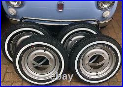 4x Classic Fiat 500 White Wall Tyres 125x12 Tyre And Road Wheels Kit New